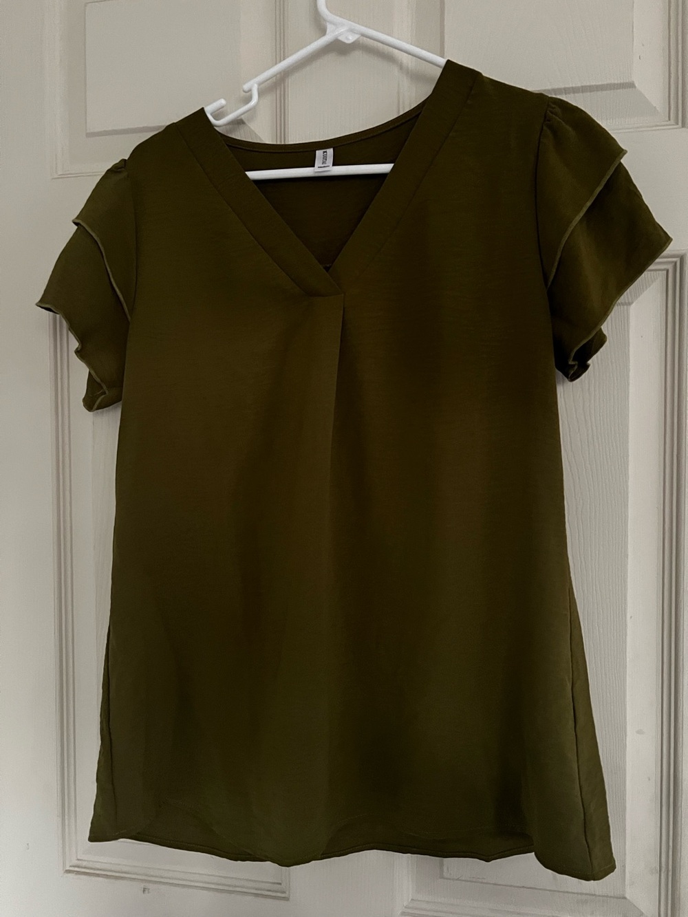 Olive Green Women's Short-Sleeve Blouse with Folded Neck Detail